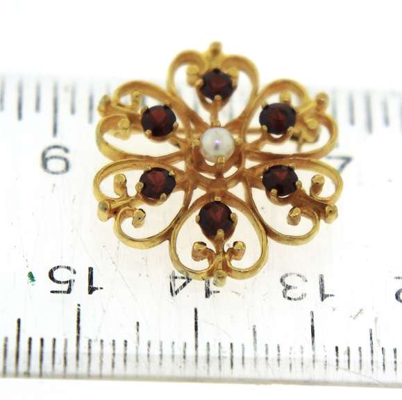 Lovely 14kt YG Floral Filigree Garnet & Pearl Brooch