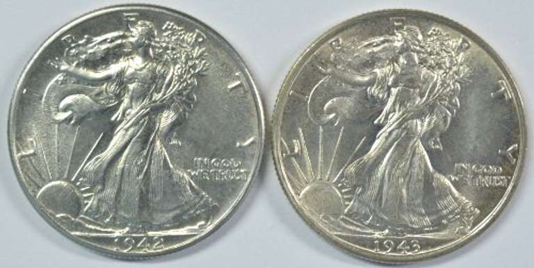 Choice BU 1942 and 1943 Walking Liberty Half Dollars