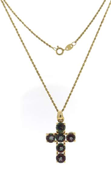 Charming 14kt YG Round Cut Amethyst and Peridot Cross Necklace