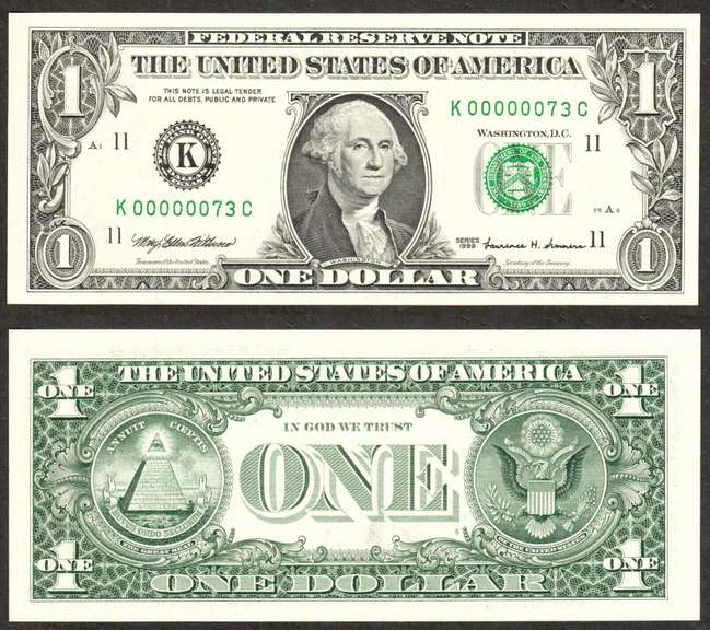 $1 1999 Two Digit Serial Numbers 73