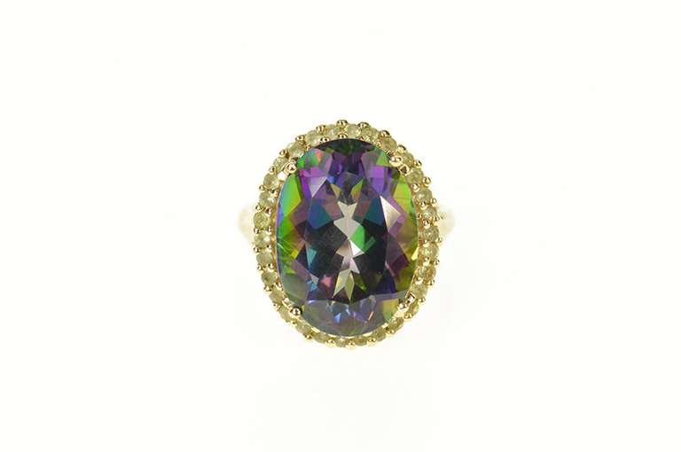 10K Yellow Gold Oval Mystic Topaz Peridot Halo Cocktail Ring