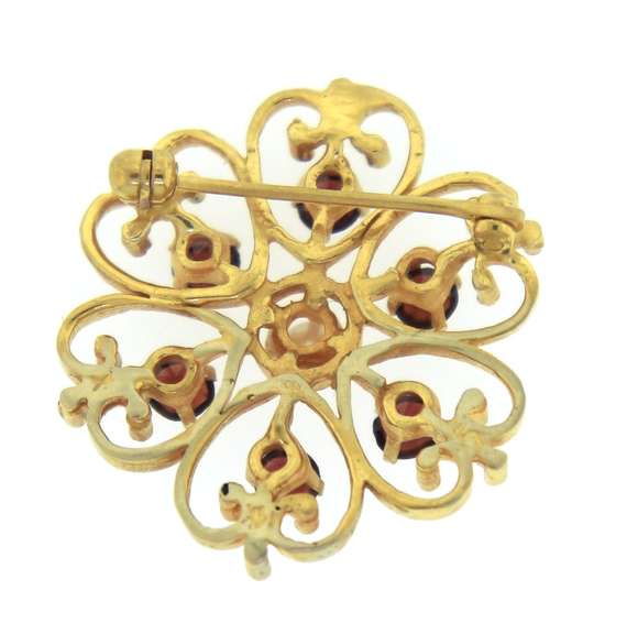Lovely 14kt YG Floral Filigree Garnet & Pearl Brooch