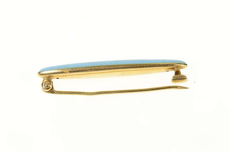 14K Yellow Gold Rounded Bar Retro Blue Enamel Pin/Brooch