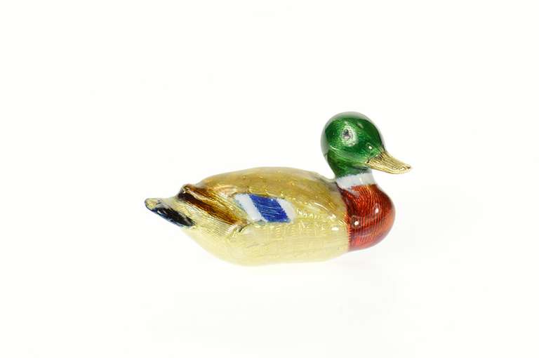 14K Yellow Gold Elaborate Enamel Mallard Duck 3D Statement Pin/Brooch
