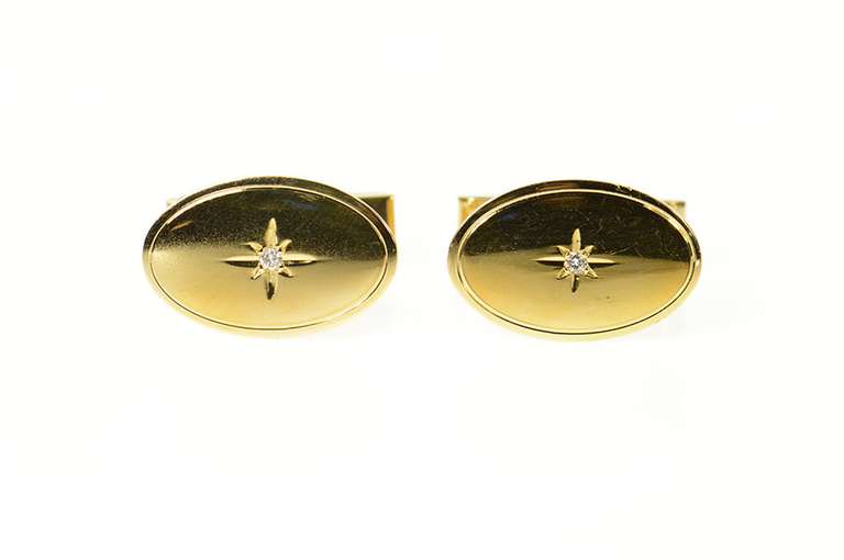 14K Yellow Gold 1960's Diamond Star Inset Oval Classic Cuff Links