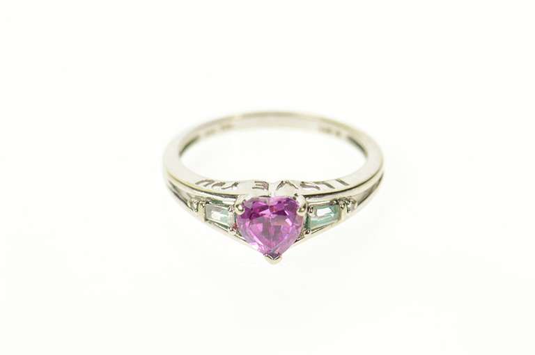 10K White Gold Heart Syn. Pink Topaz CZ Baguette Accent Ring
