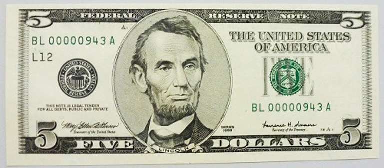 Gem Crisp 1999 San Francisco $5 Federal Reserve Note Scarce 3 Digit Serial Number!