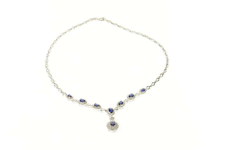 14K White Gold 4.27 Ctw Sapphire Diamond Halo Statement Necklace