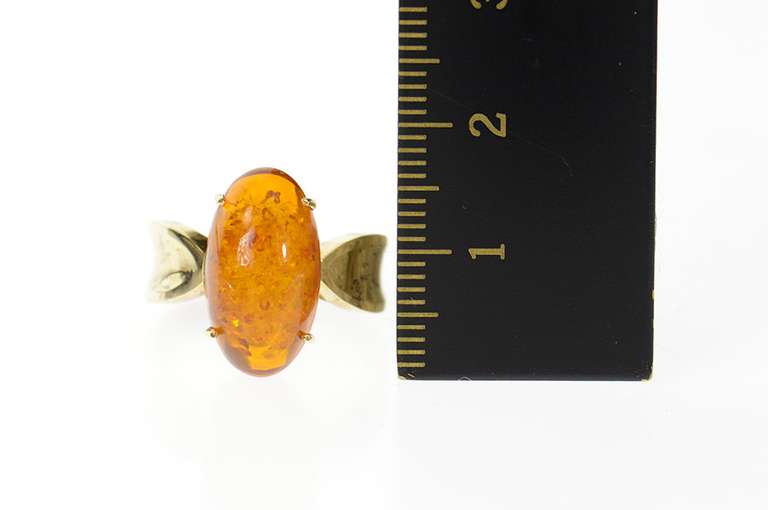 14K Yellow Gold Amber Cabochon Oval Simple Statement Ring