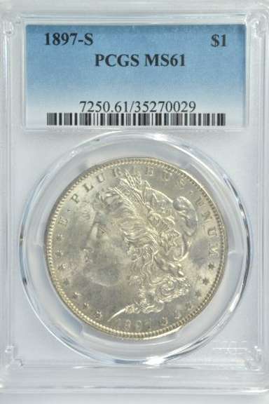Scarce BU 1897-S Morgan Silver Dollar. PCGS MS61