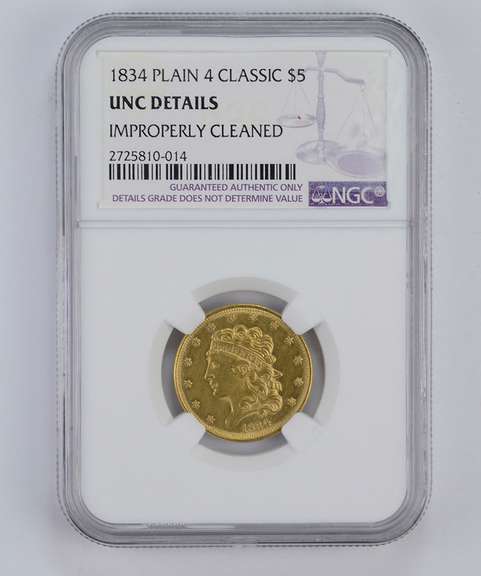 Unc Details 1834 $5.00 Classic Head Half Eagle - Plain 4 - NGC Graded