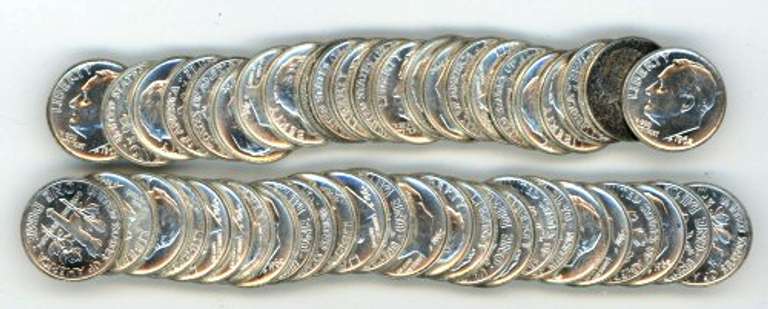 Gem BU original roll of 1962-P Roosevelt Dimes