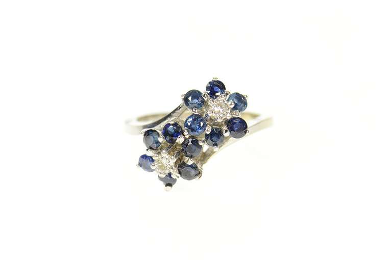 18K White Gold Retro Sapphire Diamond Flower Wrap Bypass Ring