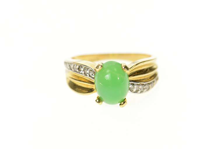14K Yellow Gold Green Agate Cabochon Diamond Statement Ring