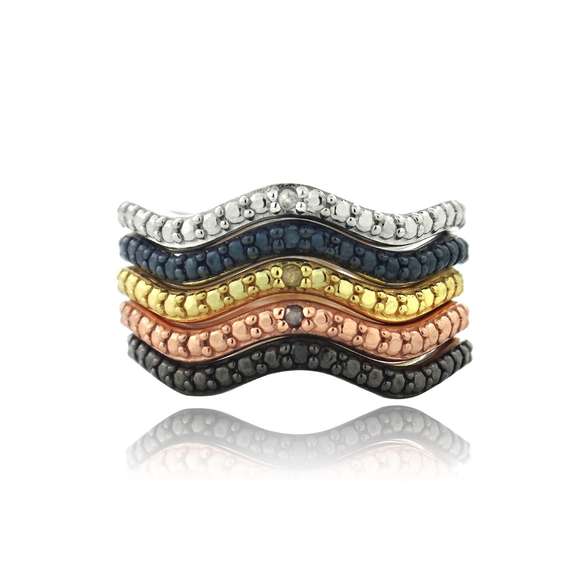 Multi Color Diamond Accents Stackable Wave Ring Set