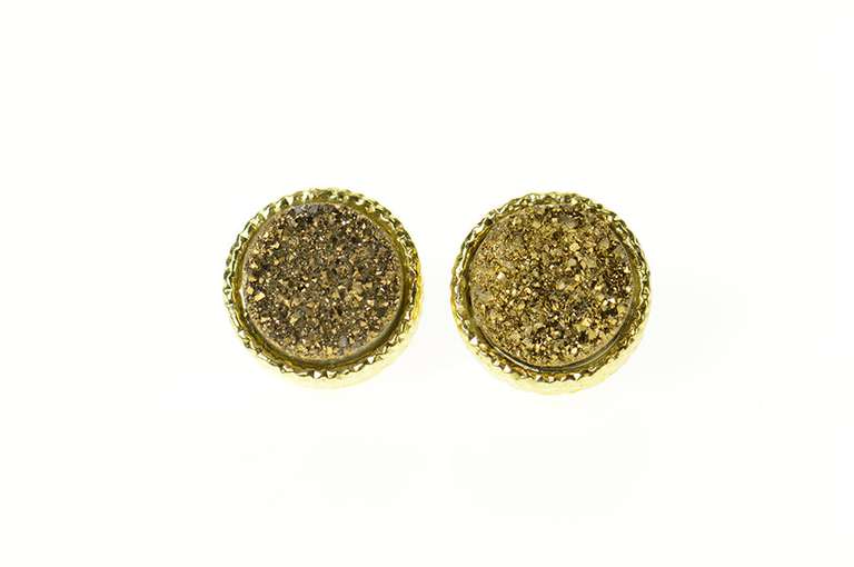 14K Yellow Gold Round Sparkly Brown Druzy Statement Stud Earrings