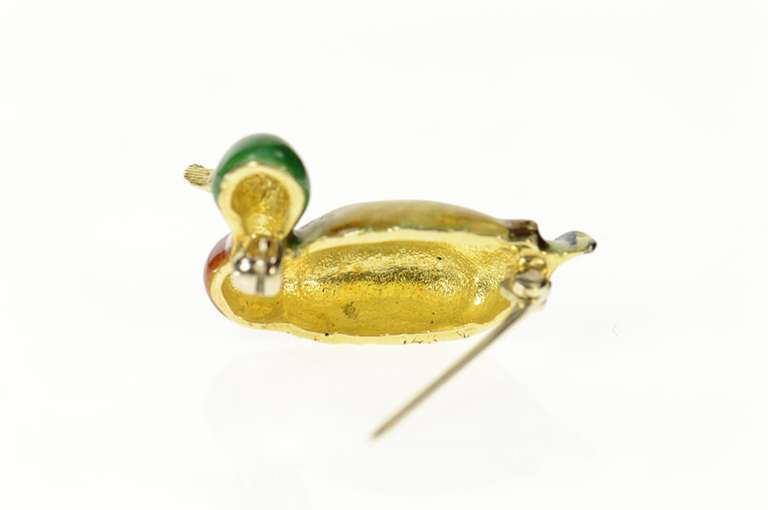 14K Yellow Gold Elaborate Enamel Mallard Duck 3D Statement Pin/Brooch