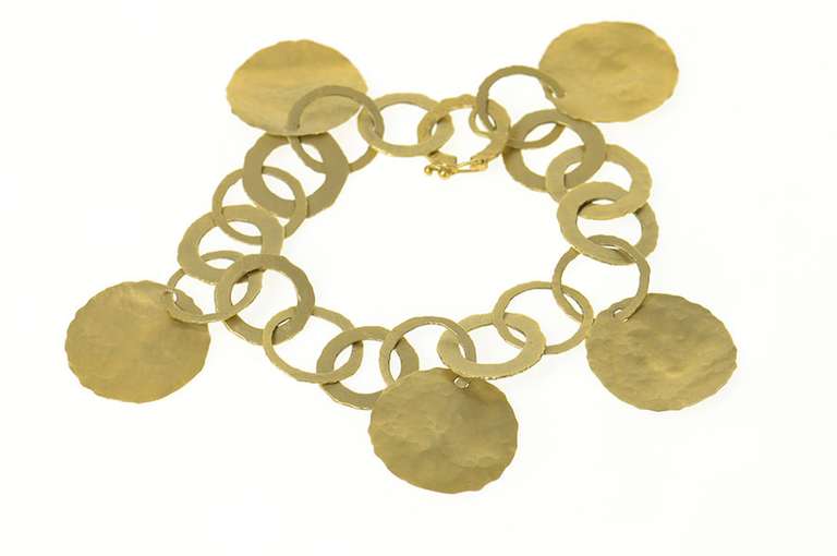 14K Yellow Gold Hammered Circle Geometric Designer Chain Bracelet
