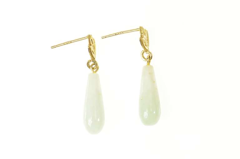 10K Yellow Gold Carved Jade Drop Dangle Leaf Accent Earrings