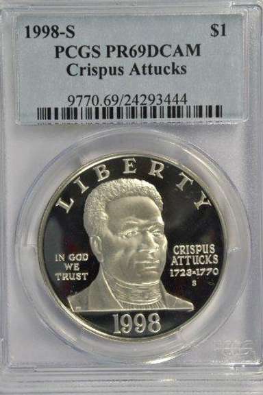 1998-S Crispus Attucks PR Comm Silver $1 PCGS PR69DCAM
