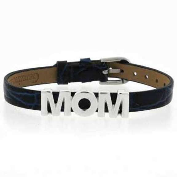 Sterling Silver Blue Leather Mom Bracelet