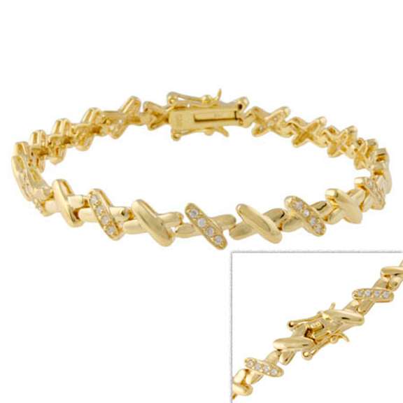 18K Gold over Sterling Silver CZ 'X' Patterned Tennis Bracelet