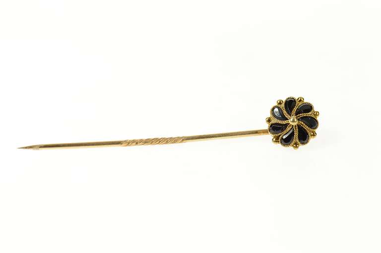 14K Yellow Gold Victorian Pear Black Onyx Flower Swirl Stick Pin