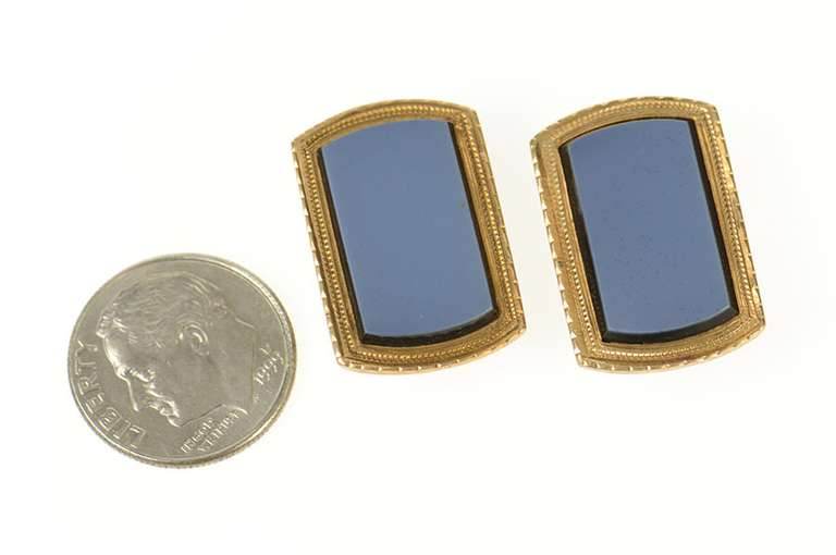 10K Yellow Gold Art Deco Ornate Blue Black Onyx Inset Cuff Links