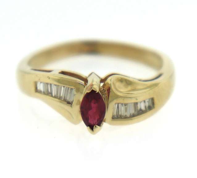 Pretty Yellow Gold Marquise Ruby and Diamond Ring