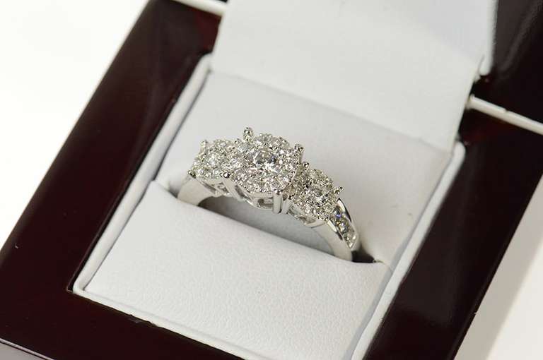 14K White Gold 0.75 Ctw Three Diamond Halo Engagement Ring