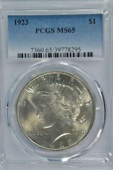 Superb Gem BU 1923 Peace Silver Dollar. PCGS MS65