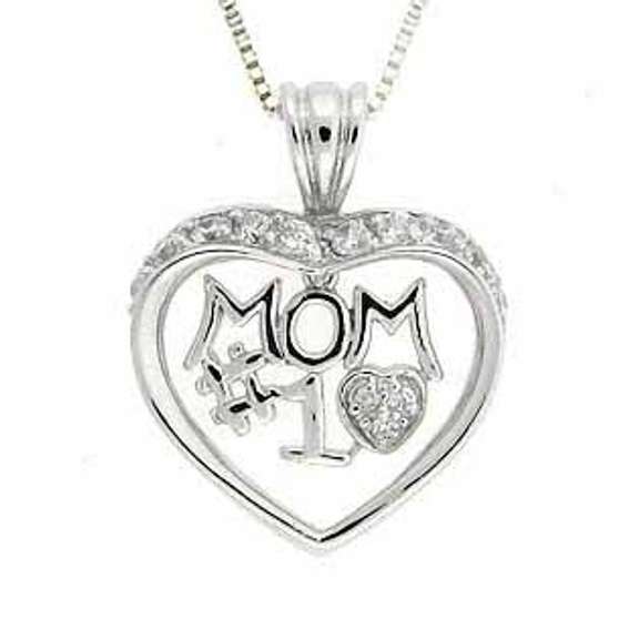 Sterling Silver CZ Dangling "MOM #1" Open Heart Pendant