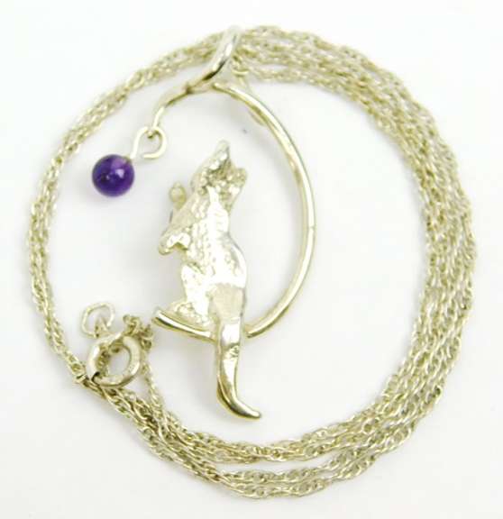 Vintage Sterling Cat & Amethyst Ball Pendant & Chain