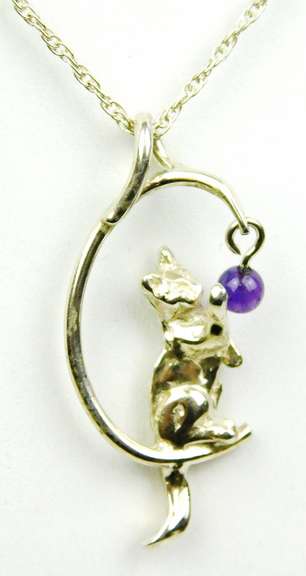Vintage Sterling Cat & Amethyst Ball Pendant & Chain