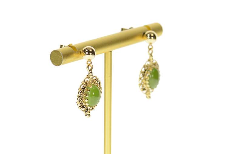 14K Yellow Gold 1960's Neprhite Cabochon Dangle Statement Earrings