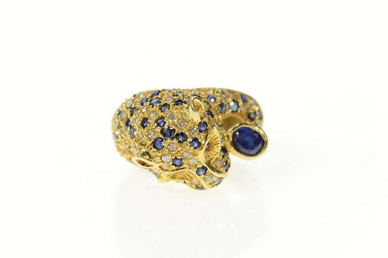 14K Yellow Gold Pave Diamond Sapphire Jaguar Leopard Ring