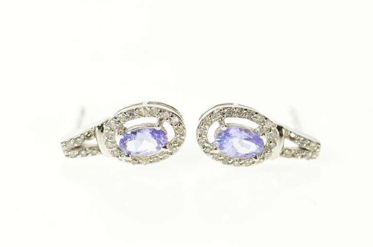 10K White Gold Oval Tanzanite Diamond Halo Stud Earrings