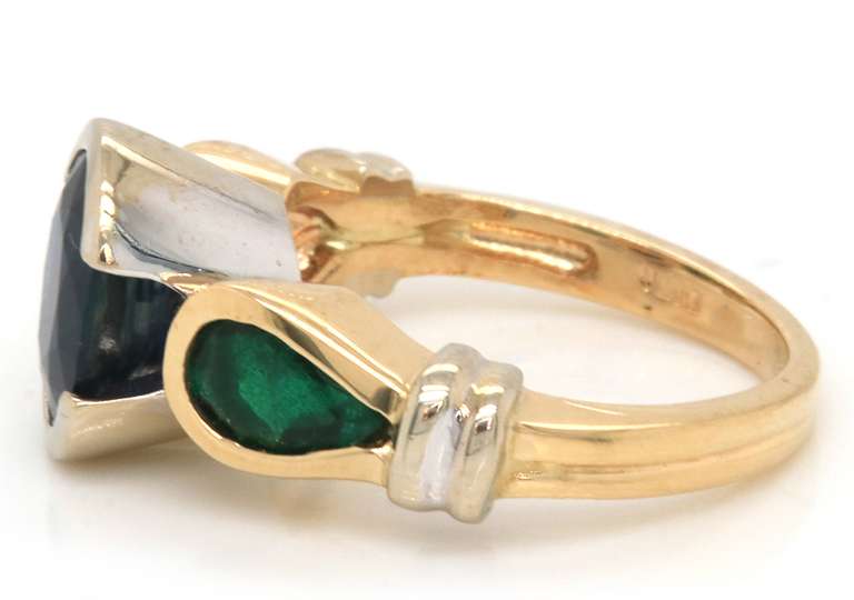 Trendy 14kt YG Blue Sapphire and Emerald Bezel Set Cocktail Ring