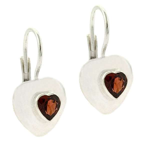 Sterling Silver Garnet Heart Leverback Earrings