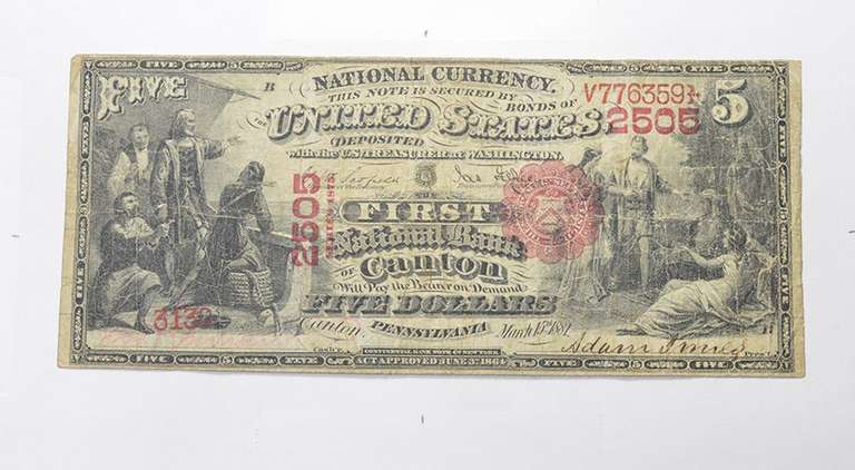 1881 $5.00 Canton, PA. United States National Currency Large Note