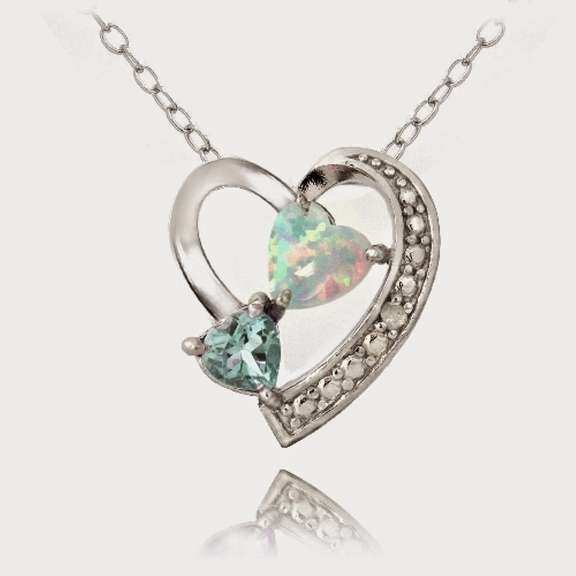 Sterling Silver Diamond Accent Blue Topaz & Created White Opal Triple Heart Necklace