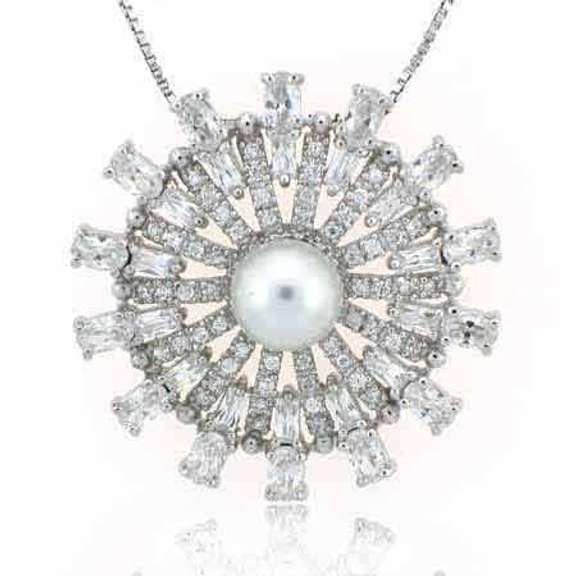 Sterling Silver Simulated Pearl & CZ Radiant Flower Pendant