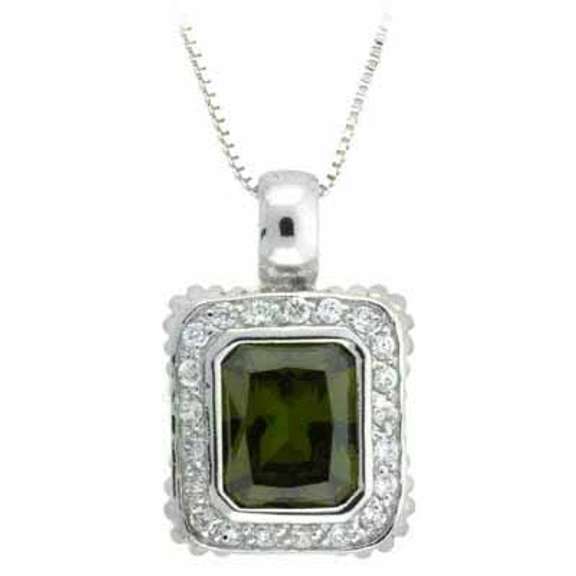 Sterling Silver Olive and Simulated Diamond CZ Square Pendant