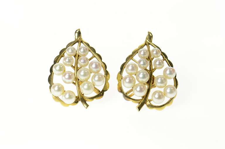 14K Yellow Gold 1960's Pearl Encrusted Leaf Screw Back Earrings