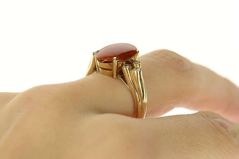 14K Yellow Gold Ornate Oval Red Jade Diamond Victorian Ring