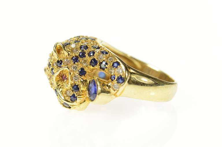 14K Yellow Gold Pave Diamond Sapphire Jaguar Leopard Ring