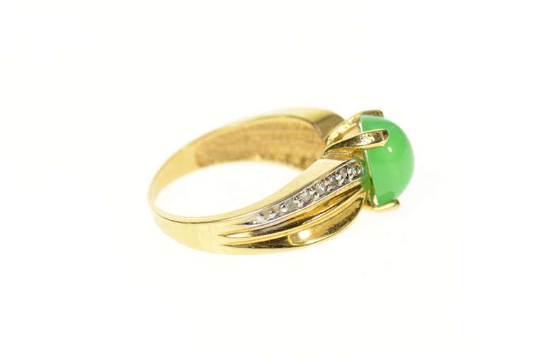 14K Yellow Gold Green Agate Cabochon Diamond Statement Ring