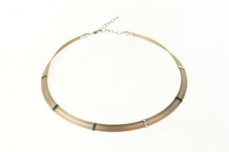 14K Yellow Gold Tri Tone Layered Wire Statement Collar Necklace