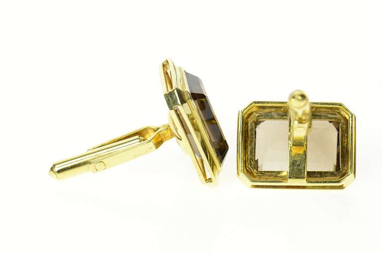 14K Yellow Gold Emerald Cut Smoky Quartz Retro Cuff Links