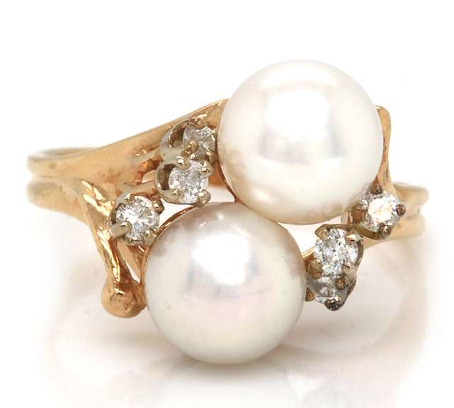 Elegant 14kt YG Double Pearl and Diamond Accent Ring
